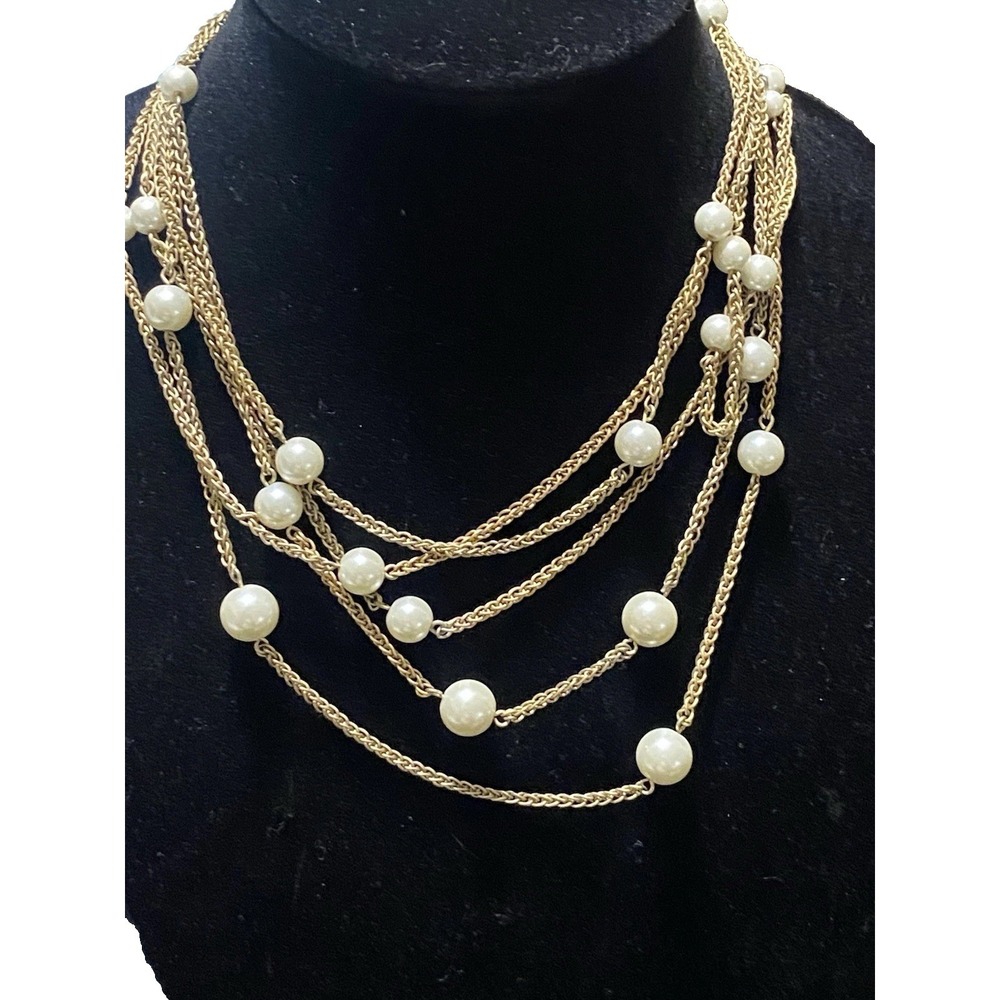 VTG Anne Klein Pearl And Gold Tone Multi-layer Necklace